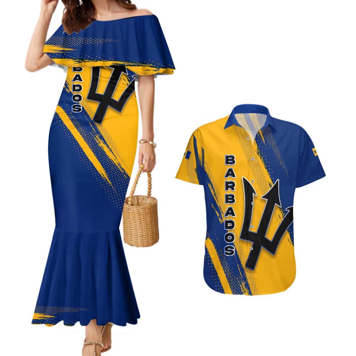 Barbados Trident and Coat of Arms Couples Matching Mermaid Dress and Hawaiian Shirt with Blue Yellow Patriotic Graphic - Wonder Print Shop