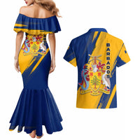 Barbados Trident and Coat of Arms Couples Matching Mermaid Dress and Hawaiian Shirt with Blue Yellow Patriotic Graphic - Wonder Print Shop