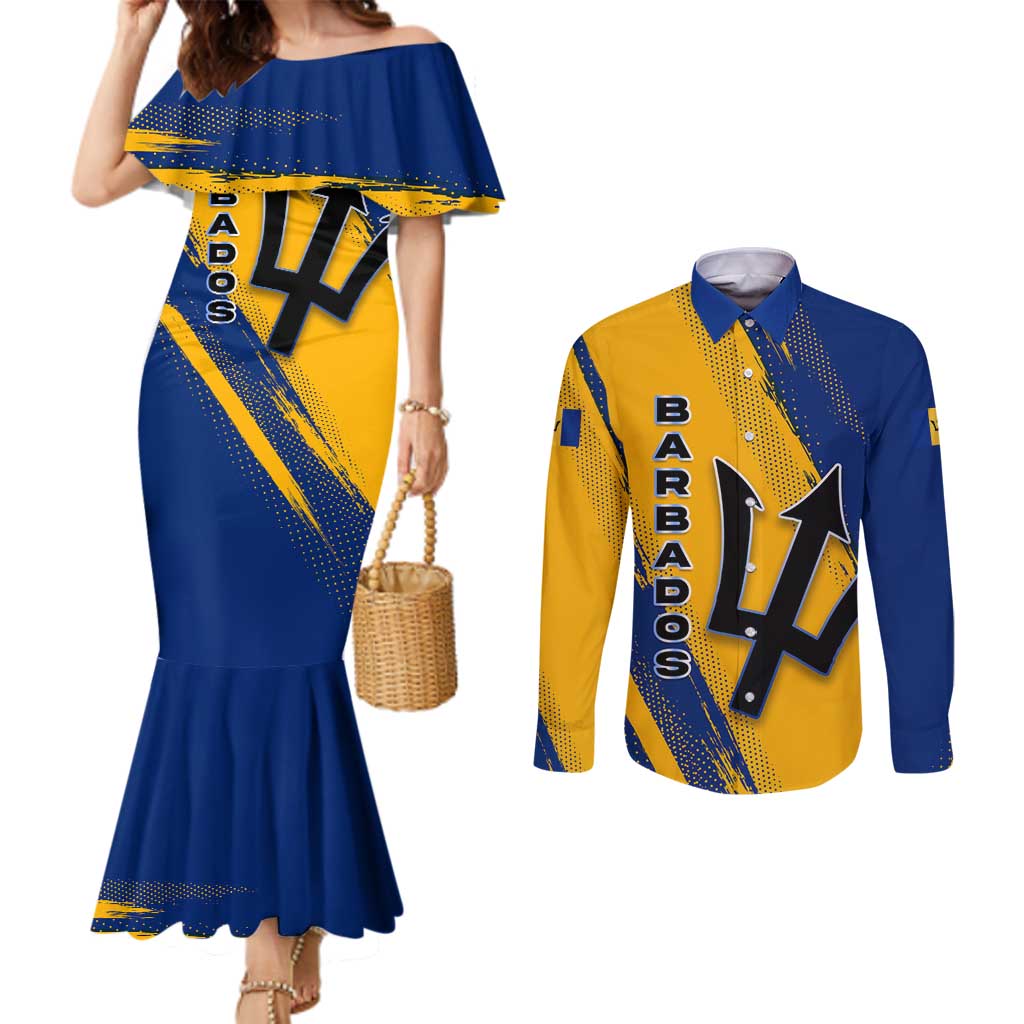 Barbados Trident and Coat of Arms Couples Matching Mermaid Dress and Long Sleeve Button Shirt with Blue Yellow Patriotic Graphic - Wonder Print Shop