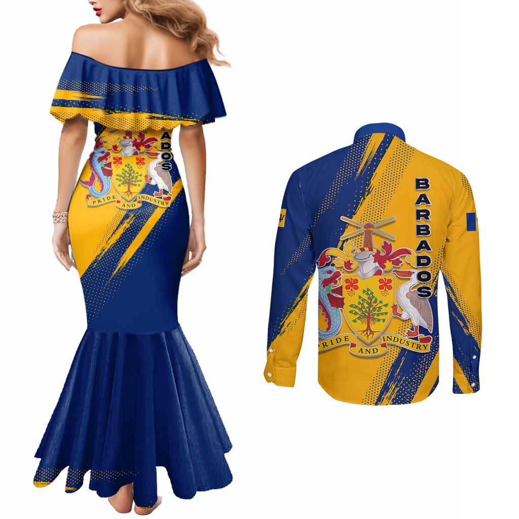 Barbados Trident and Coat of Arms Couples Matching Mermaid Dress and Long Sleeve Button Shirt with Blue Yellow Patriotic Graphic - Wonder Print Shop