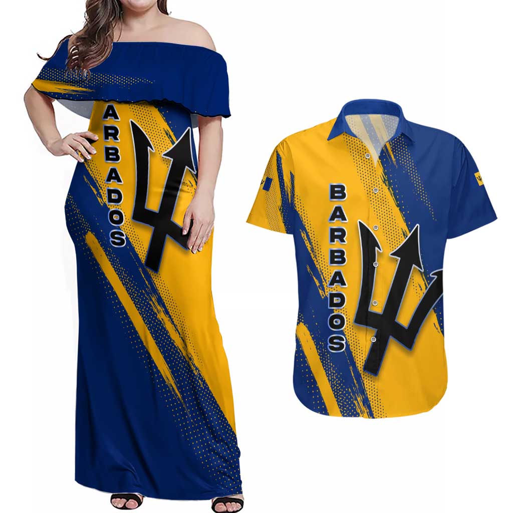 Barbados Trident and Coat of Arms Couples Matching Off Shoulder Maxi Dress and Hawaiian Shirt with Blue Yellow Patriotic Graphic - Wonder Print Shop