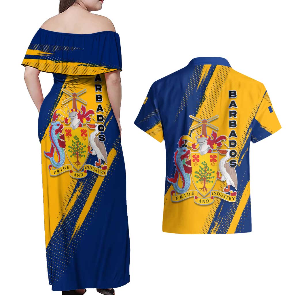 Barbados Trident and Coat of Arms Couples Matching Off Shoulder Maxi Dress and Hawaiian Shirt with Blue Yellow Patriotic Graphic - Wonder Print Shop