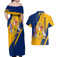 Barbados Trident and Coat of Arms Couples Matching Off Shoulder Maxi Dress and Hawaiian Shirt with Blue Yellow Patriotic Graphic - Wonder Print Shop