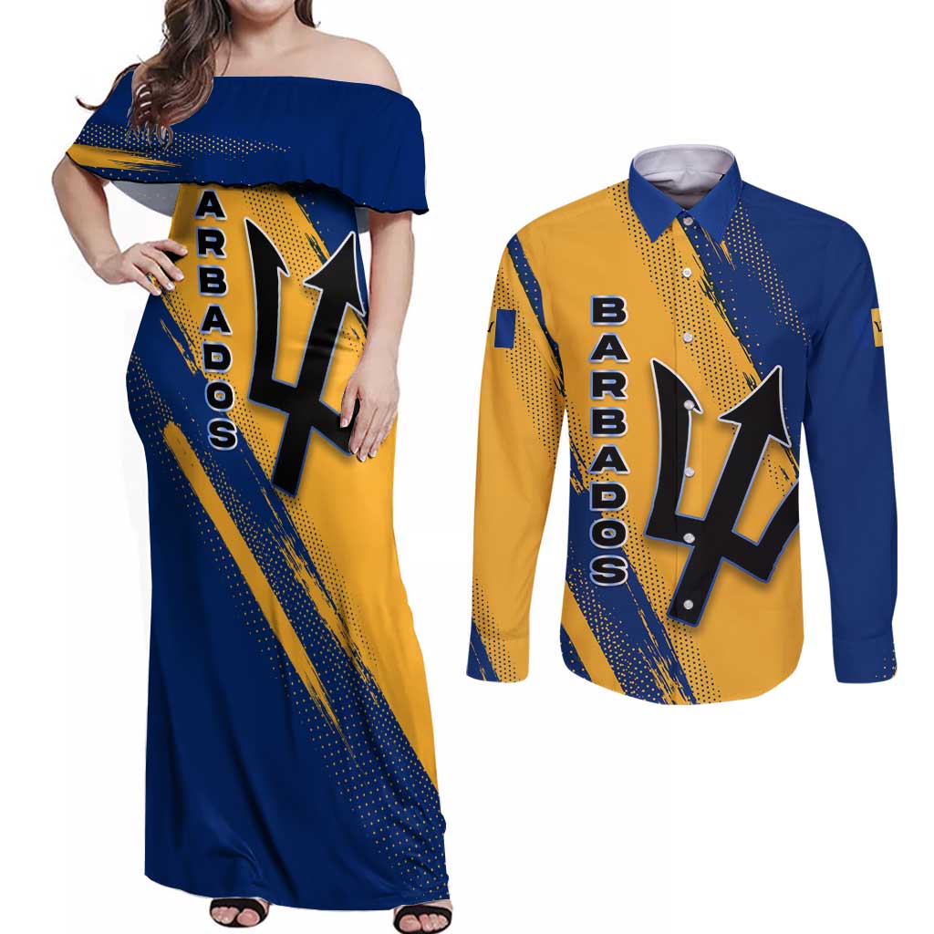 Barbados Trident and Coat of Arms Couples Matching Off Shoulder Maxi Dress and Long Sleeve Button Shirt with Blue Yellow Patriotic Graphic - Wonder Print Shop