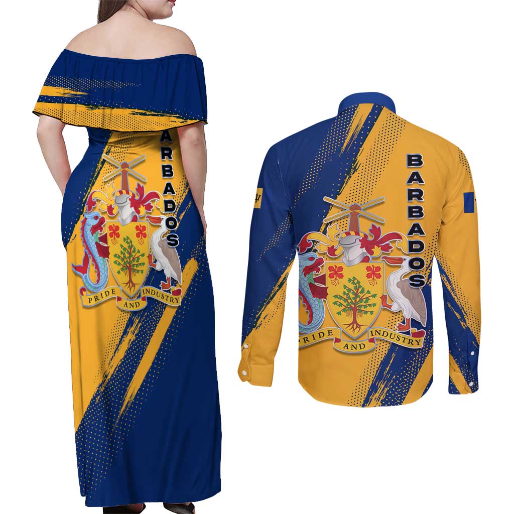 Barbados Trident and Coat of Arms Couples Matching Off Shoulder Maxi Dress and Long Sleeve Button Shirt with Blue Yellow Patriotic Graphic - Wonder Print Shop