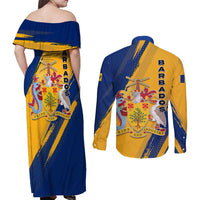 Barbados Trident and Coat of Arms Couples Matching Off Shoulder Maxi Dress and Long Sleeve Button Shirt with Blue Yellow Patriotic Graphic - Wonder Print Shop