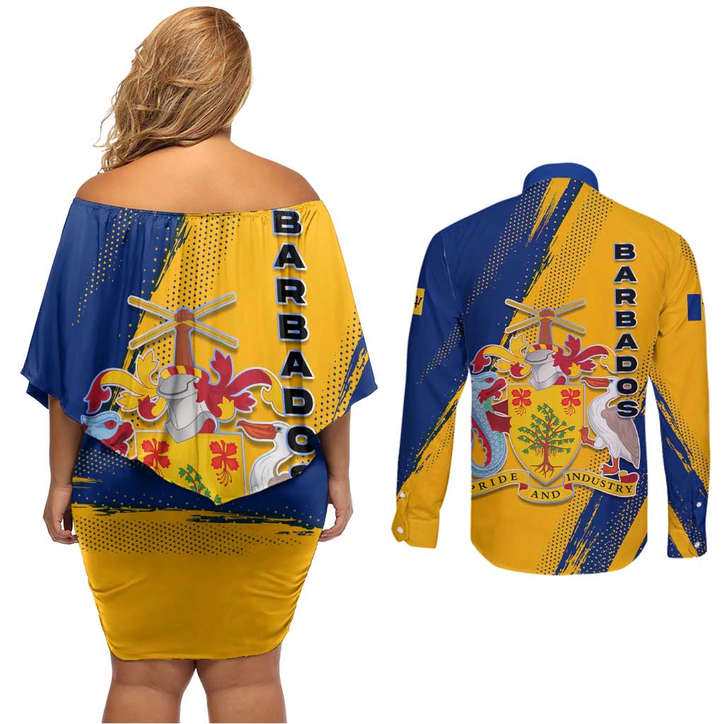 Barbados Trident and Coat of Arms Couples Matching Off Shoulder Short Dress and Long Sleeve Button Shirt with Blue Yellow Patriotic Graphic - Wonder Print Shop