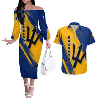 Barbados Trident and Coat of Arms Couples Matching Off The Shoulder Long Sleeve Dress and Hawaiian Shirt with Blue Yellow Patriotic Graphic - Wonder Print Shop