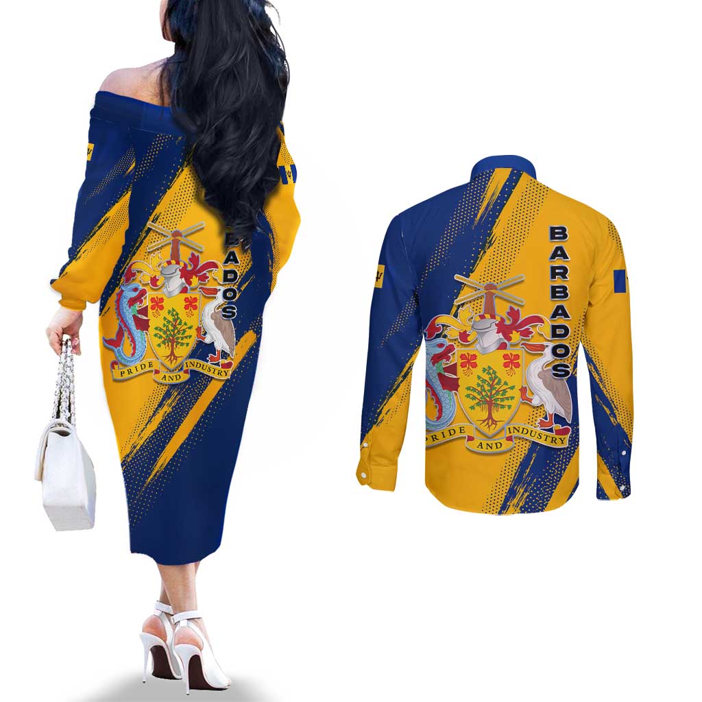Barbados Trident and Coat of Arms Couples Matching Off The Shoulder Long Sleeve Dress and Long Sleeve Button Shirt with Blue Yellow Patriotic Graphic - Wonder Print Shop