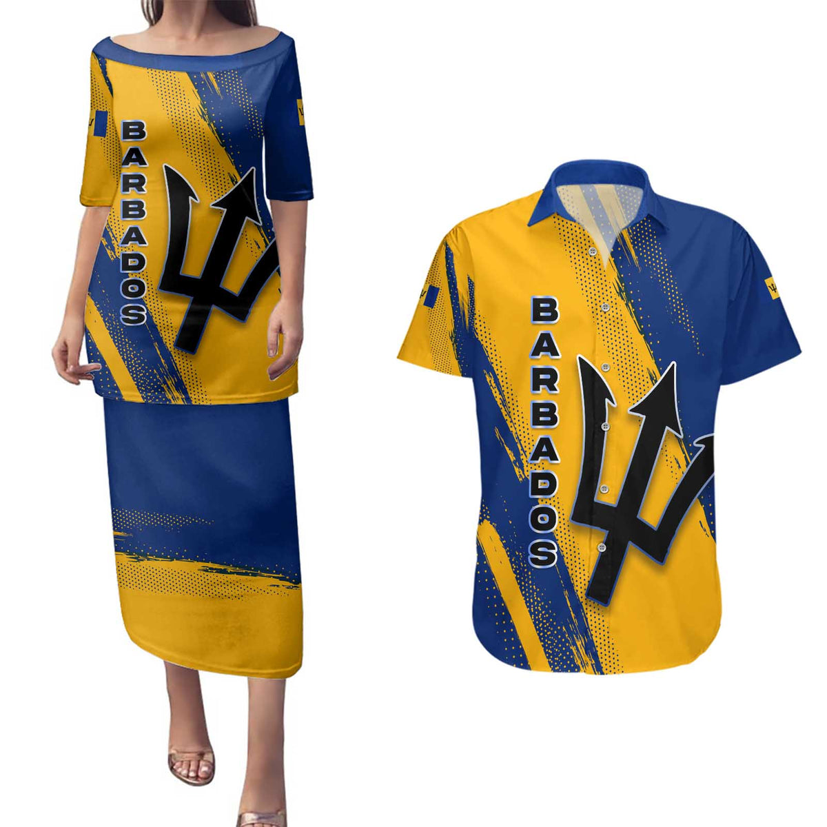 Barbados Trident and Coat of Arms Couples Matching Puletasi and Hawaiian Shirt with Blue Yellow Patriotic Graphic - Wonder Print Shop