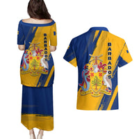 Barbados Trident and Coat of Arms Couples Matching Puletasi and Hawaiian Shirt with Blue Yellow Patriotic Graphic - Wonder Print Shop