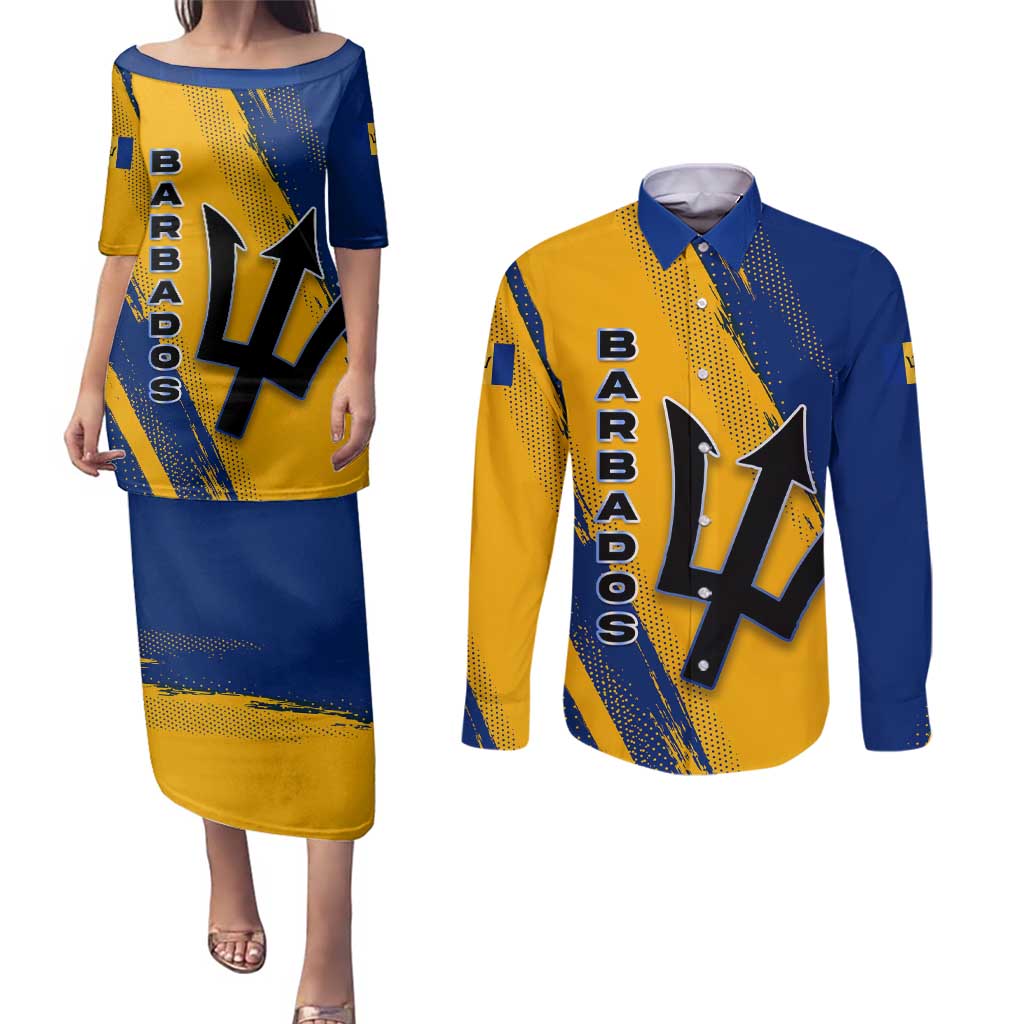 Barbados Trident and Coat of Arms Couples Matching Puletasi and Long Sleeve Button Shirt with Blue Yellow Patriotic Graphic - Wonder Print Shop