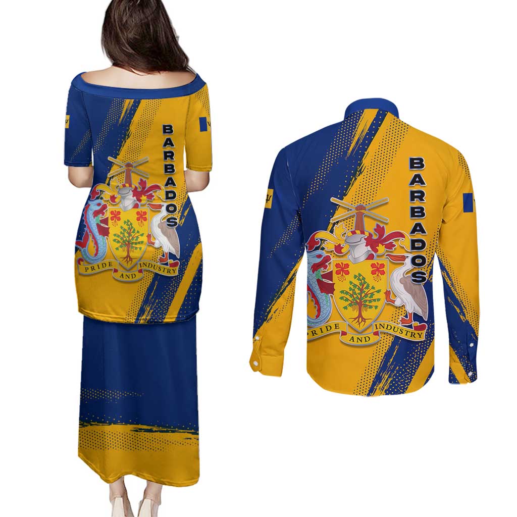 Barbados Trident and Coat of Arms Couples Matching Puletasi and Long Sleeve Button Shirt with Blue Yellow Patriotic Graphic - Wonder Print Shop