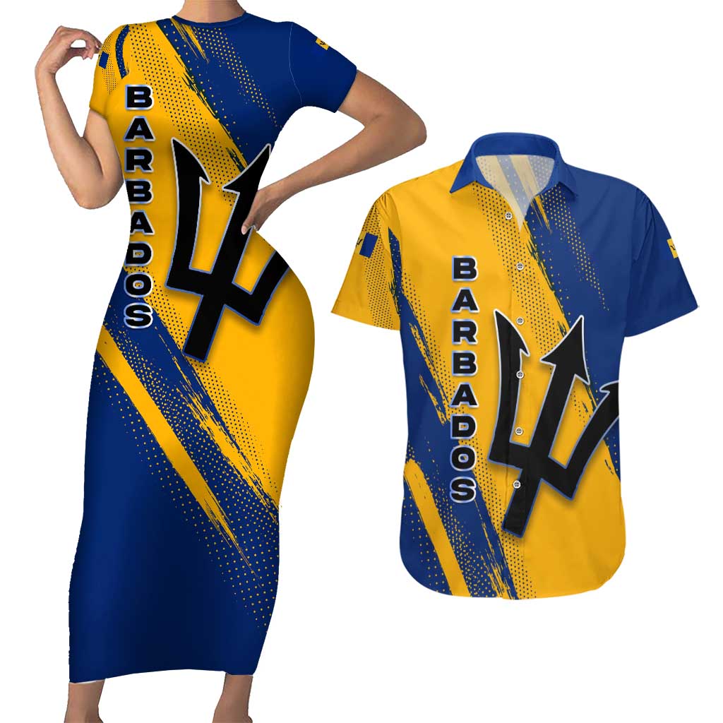 Barbados Trident and Coat of Arms Couples Matching Short Sleeve Bodycon Dress and Hawaiian Shirt with Blue Yellow Patriotic Graphic - Wonder Print Shop