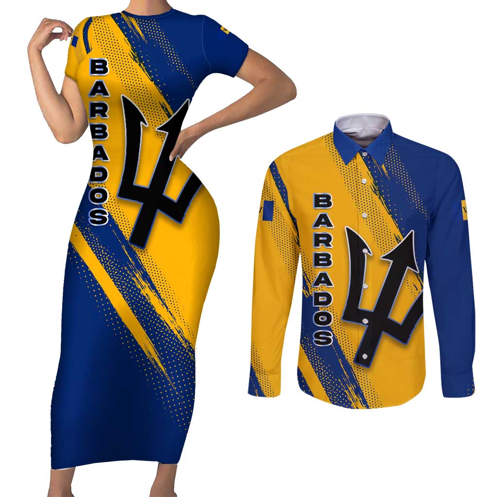 Barbados Trident and Coat of Arms Couples Matching Short Sleeve Bodycon Dress and Long Sleeve Button Shirt with Blue Yellow Patriotic Graphic - Wonder Print Shop