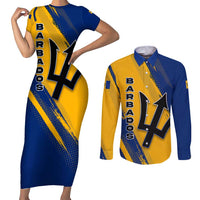 Barbados Trident and Coat of Arms Couples Matching Short Sleeve Bodycon Dress and Long Sleeve Button Shirt with Blue Yellow Patriotic Graphic - Wonder Print Shop