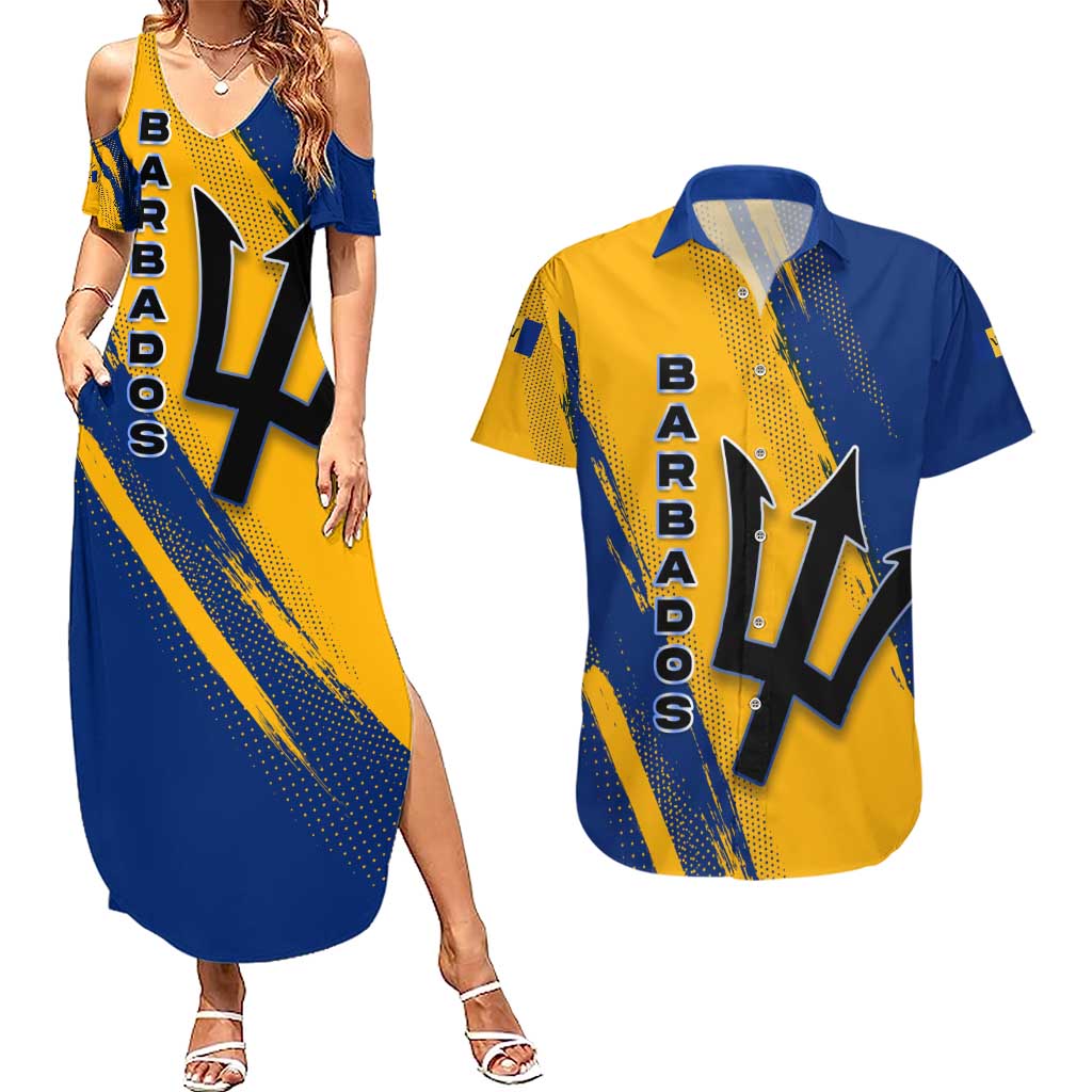 Barbados Trident and Coat of Arms Couples Matching Summer Maxi Dress and Hawaiian Shirt with Blue Yellow Patriotic Graphic - Wonder Print Shop