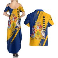 Barbados Trident and Coat of Arms Couples Matching Summer Maxi Dress and Hawaiian Shirt with Blue Yellow Patriotic Graphic - Wonder Print Shop