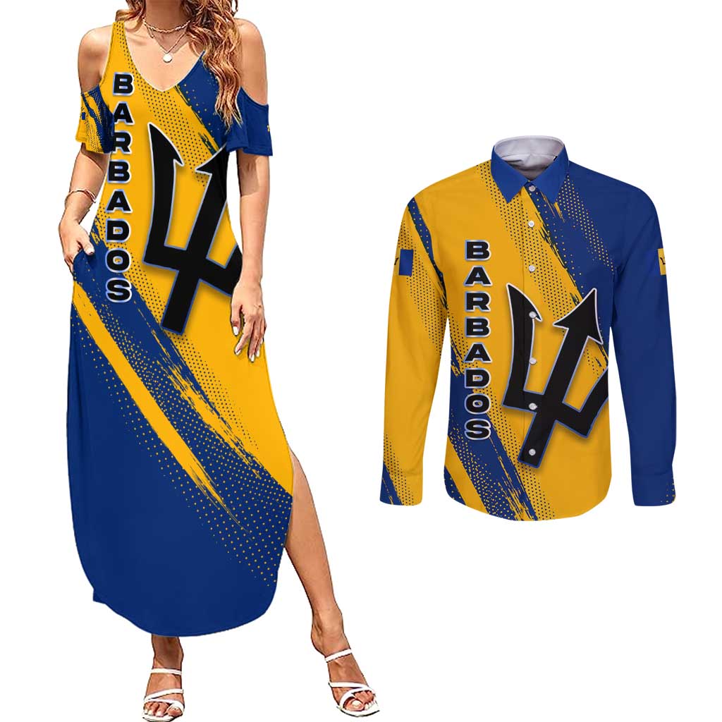 Barbados Trident and Coat of Arms Couples Matching Summer Maxi Dress and Long Sleeve Button Shirt with Blue Yellow Patriotic Graphic - Wonder Print Shop