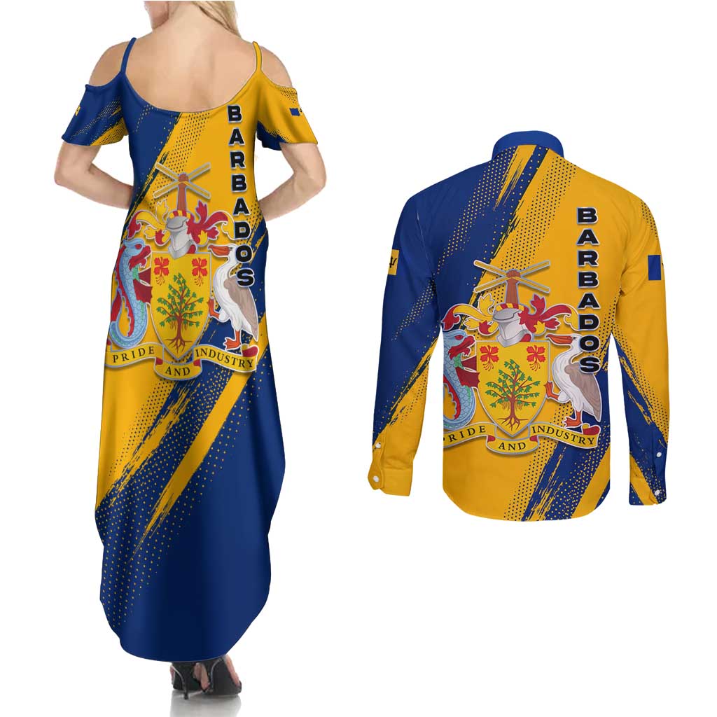 Barbados Trident and Coat of Arms Couples Matching Summer Maxi Dress and Long Sleeve Button Shirt with Blue Yellow Patriotic Graphic - Wonder Print Shop
