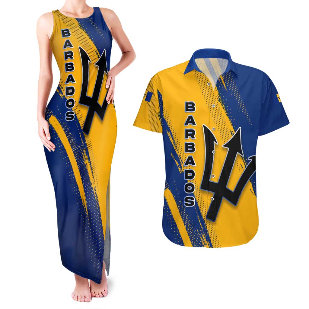 Barbados Trident and Coat of Arms Couples Matching Tank Maxi Dress and Hawaiian Shirt with Blue Yellow Patriotic Graphic - Wonder Print Shop