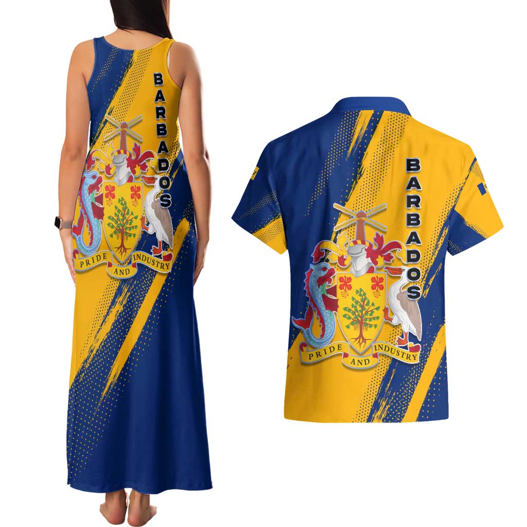 Barbados Trident and Coat of Arms Couples Matching Tank Maxi Dress and Hawaiian Shirt with Blue Yellow Patriotic Graphic - Wonder Print Shop
