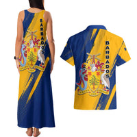 Barbados Trident and Coat of Arms Couples Matching Tank Maxi Dress and Hawaiian Shirt with Blue Yellow Patriotic Graphic - Wonder Print Shop