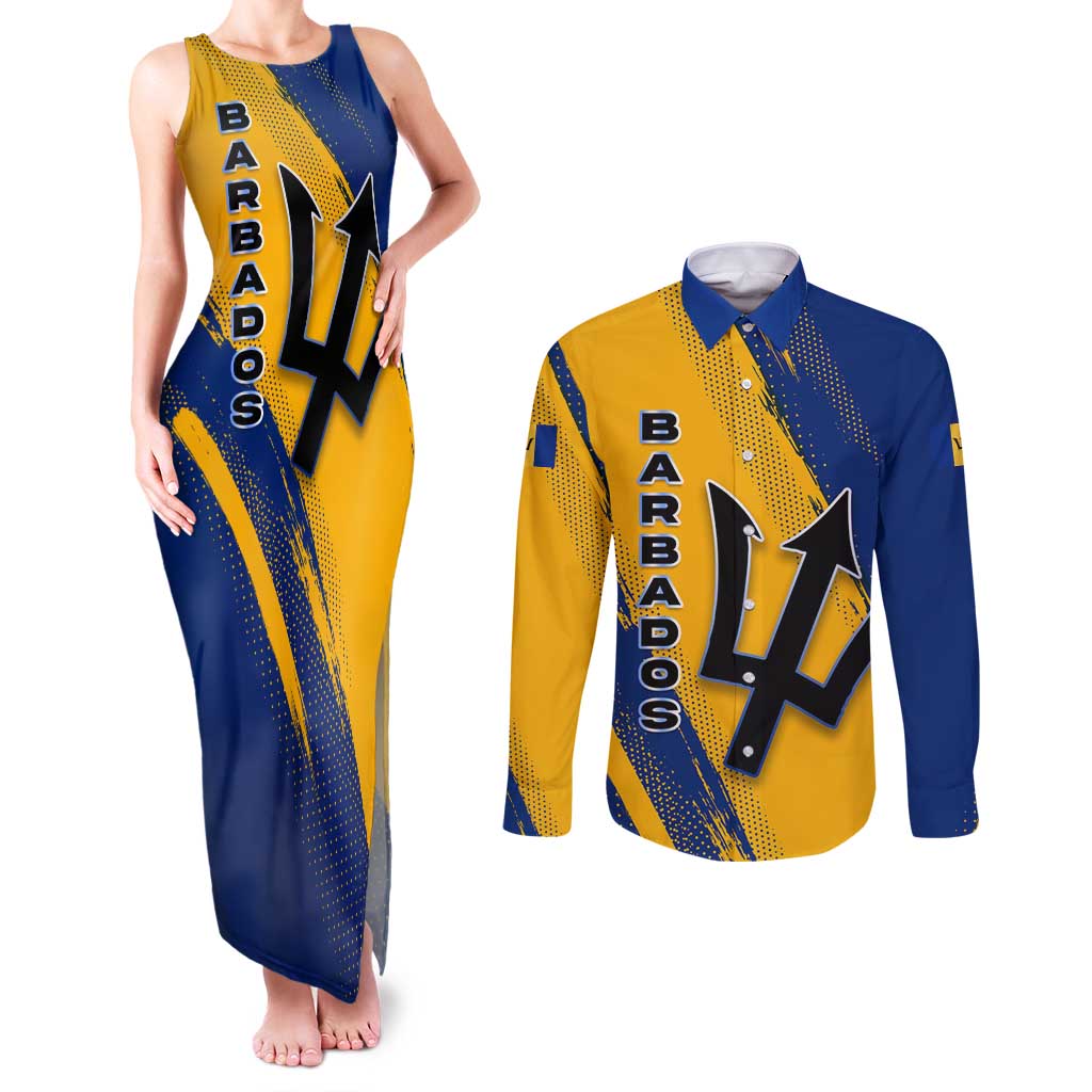 Barbados Trident and Coat of Arms Couples Matching Tank Maxi Dress and Long Sleeve Button Shirt with Blue Yellow Patriotic Graphic - Wonder Print Shop