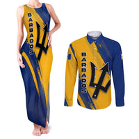 Barbados Trident and Coat of Arms Couples Matching Tank Maxi Dress and Long Sleeve Button Shirt with Blue Yellow Patriotic Graphic - Wonder Print Shop
