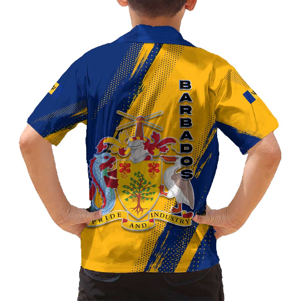 Barbados Trident and Coat of Arms Family Matching Long Sleeve Bodycon Dress and Hawaiian Shirt with Blue Yellow Patriotic Graphic - Wonder Print Shop