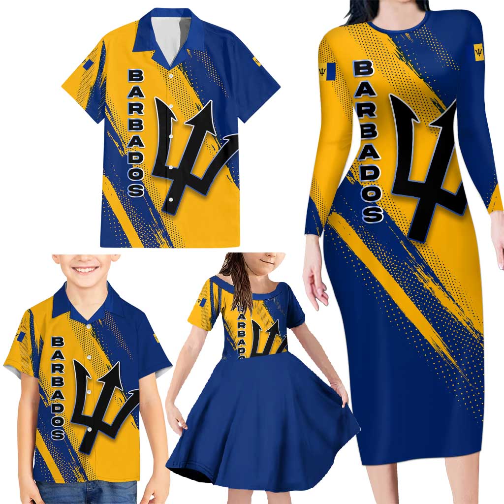 Barbados Trident and Coat of Arms Family Matching Long Sleeve Bodycon Dress and Hawaiian Shirt with Blue Yellow Patriotic Graphic - Wonder Print Shop