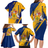 Barbados Trident and Coat of Arms Family Matching Long Sleeve Bodycon Dress and Hawaiian Shirt with Blue Yellow Patriotic Graphic - Wonder Print Shop