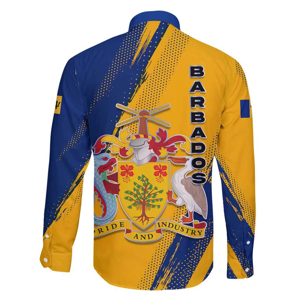 Barbados Trident and Coat of Arms Family Matching Long Sleeve Bodycon Dress and Hawaiian Shirt with Blue Yellow Patriotic Graphic - Wonder Print Shop