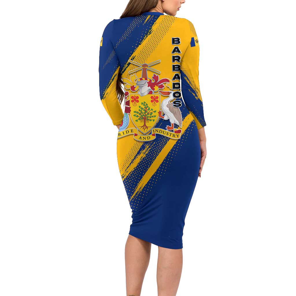 Barbados Trident and Coat of Arms Family Matching Long Sleeve Bodycon Dress and Hawaiian Shirt with Blue Yellow Patriotic Graphic - Wonder Print Shop