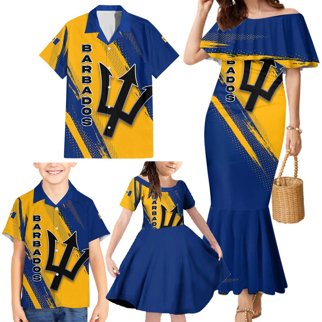 Barbados Trident and Coat of Arms Family Matching Mermaid Dress and Hawaiian Shirt with Blue Yellow Patriotic Graphic - Wonder Print Shop