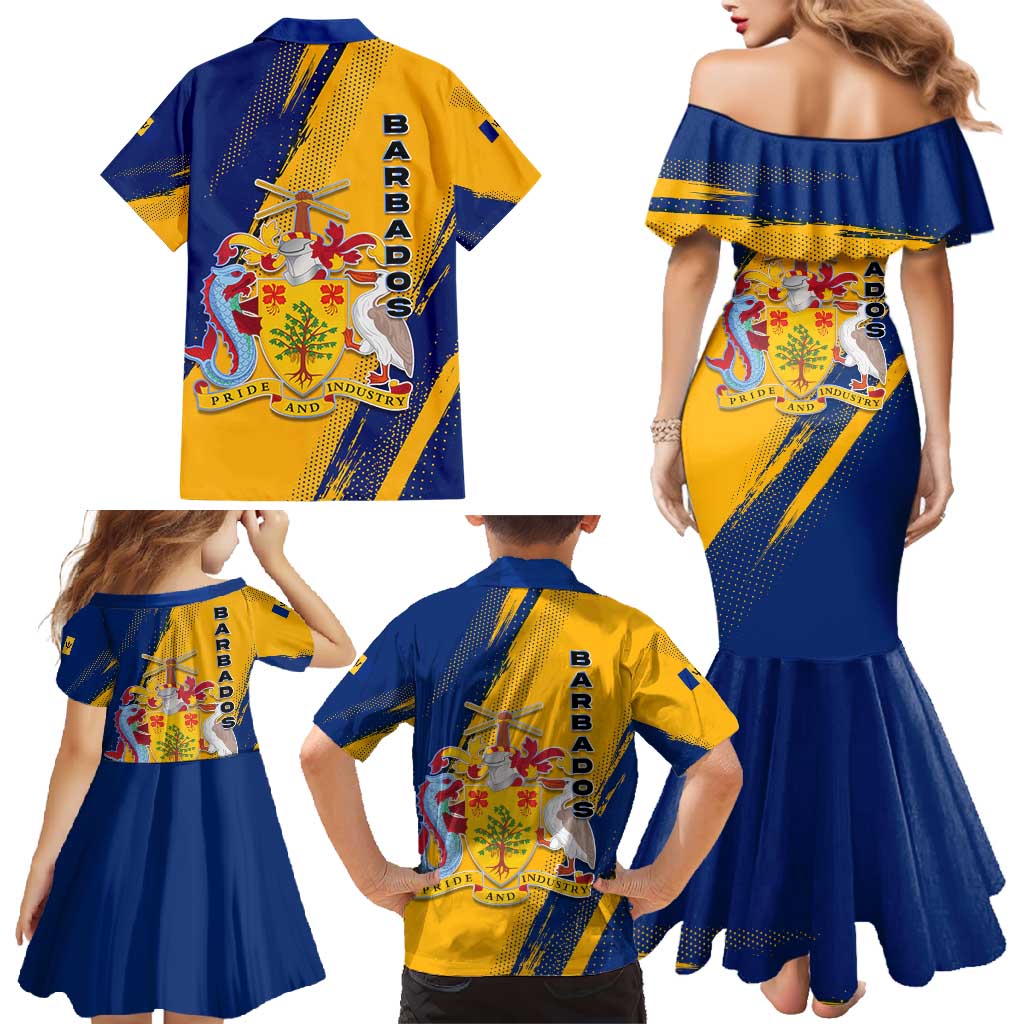 Barbados Trident and Coat of Arms Family Matching Mermaid Dress and Hawaiian Shirt with Blue Yellow Patriotic Graphic - Wonder Print Shop