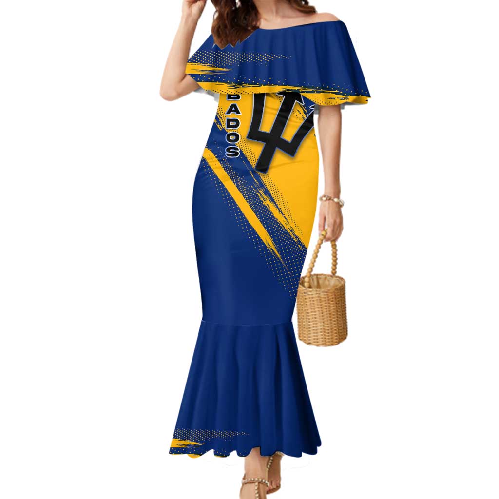 Barbados Trident and Coat of Arms Family Matching Mermaid Dress and Hawaiian Shirt with Blue Yellow Patriotic Graphic - Wonder Print Shop