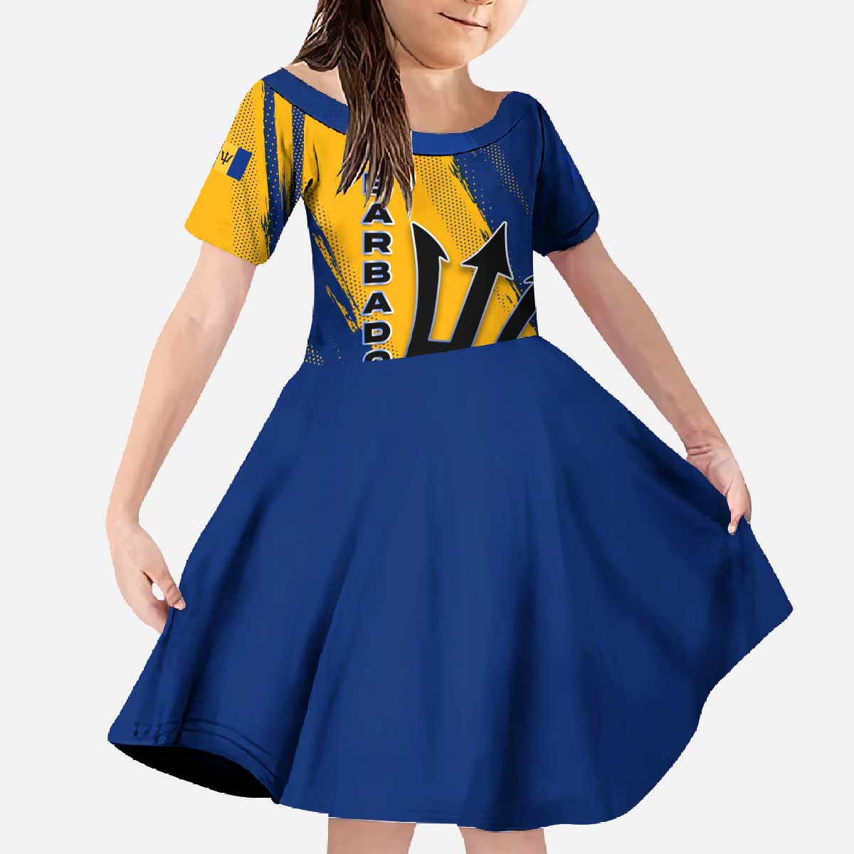 Barbados Trident and Coat of Arms Family Matching Off The Shoulder Long Sleeve Dress and Hawaiian Shirt with Blue Yellow Patriotic Graphic - Wonder Print Shop