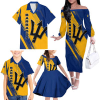 Barbados Trident and Coat of Arms Family Matching Off The Shoulder Long Sleeve Dress and Hawaiian Shirt with Blue Yellow Patriotic Graphic - Wonder Print Shop