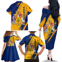 Barbados Trident and Coat of Arms Family Matching Off The Shoulder Long Sleeve Dress and Hawaiian Shirt with Blue Yellow Patriotic Graphic - Wonder Print Shop