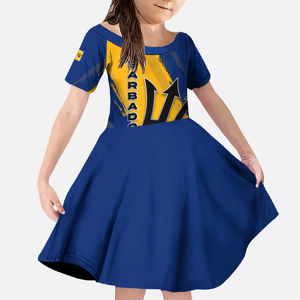 Barbados Trident and Coat of Arms Family Matching Off Shoulder Maxi Dress and Hawaiian Shirt with Blue Yellow Patriotic Graphic - Wonder Print Shop