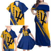 Barbados Trident and Coat of Arms Family Matching Off Shoulder Maxi Dress and Hawaiian Shirt with Blue Yellow Patriotic Graphic - Wonder Print Shop