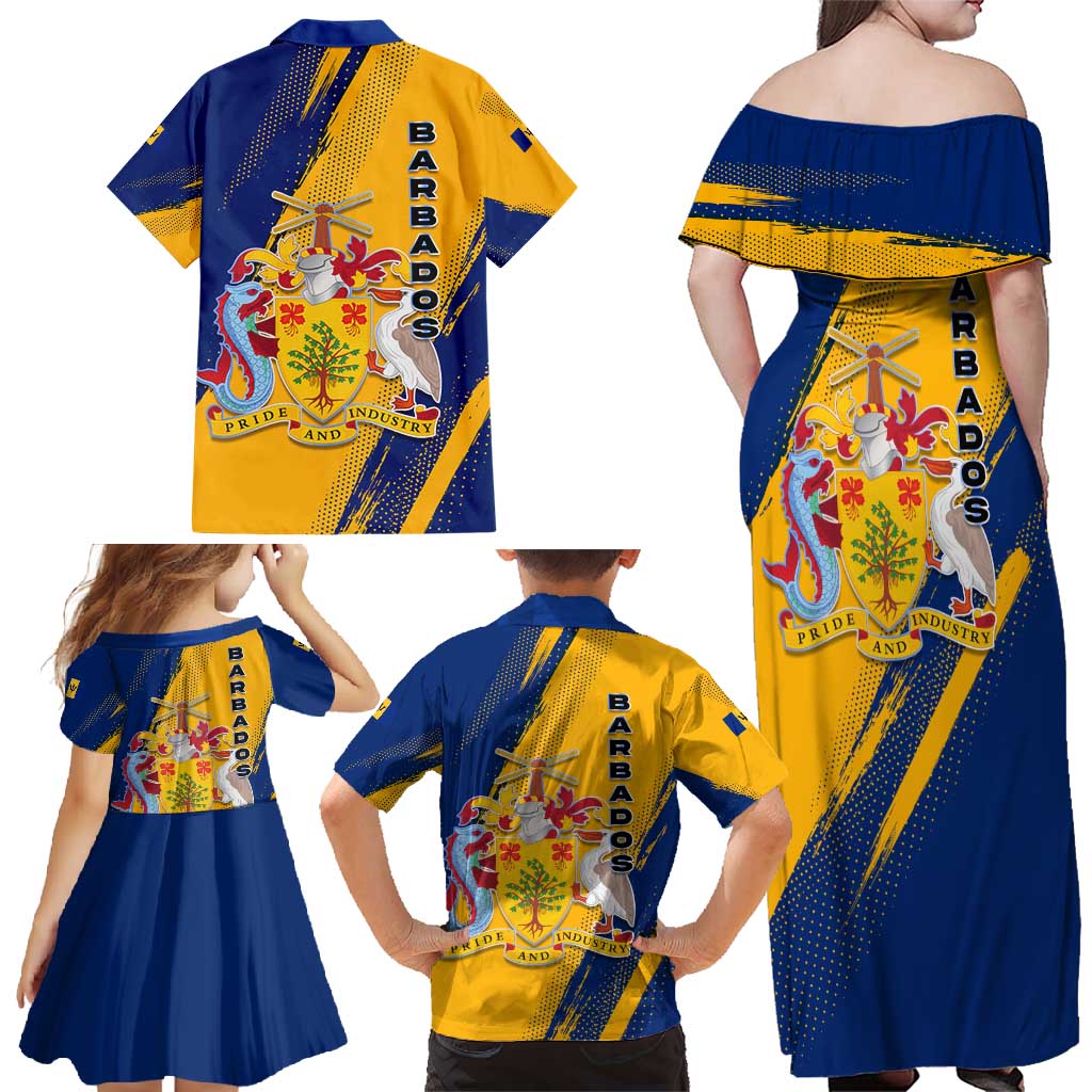 Barbados Trident and Coat of Arms Family Matching Off Shoulder Maxi Dress and Hawaiian Shirt with Blue Yellow Patriotic Graphic - Wonder Print Shop