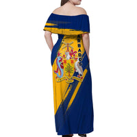Barbados Trident and Coat of Arms Family Matching Off Shoulder Maxi Dress and Hawaiian Shirt with Blue Yellow Patriotic Graphic - Wonder Print Shop