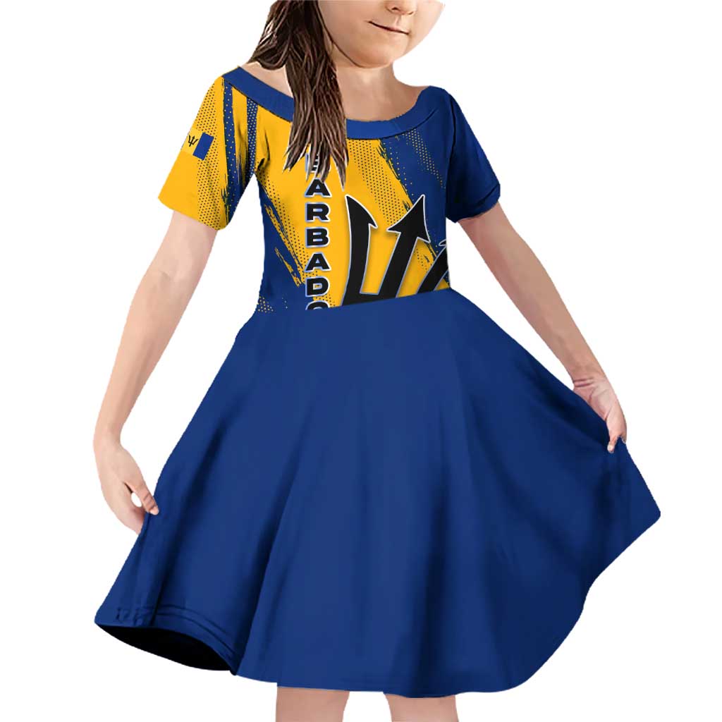 Barbados Trident and Coat of Arms Family Matching Off Shoulder Short Dress and Hawaiian Shirt with Blue Yellow Patriotic Graphic - Wonder Print Shop