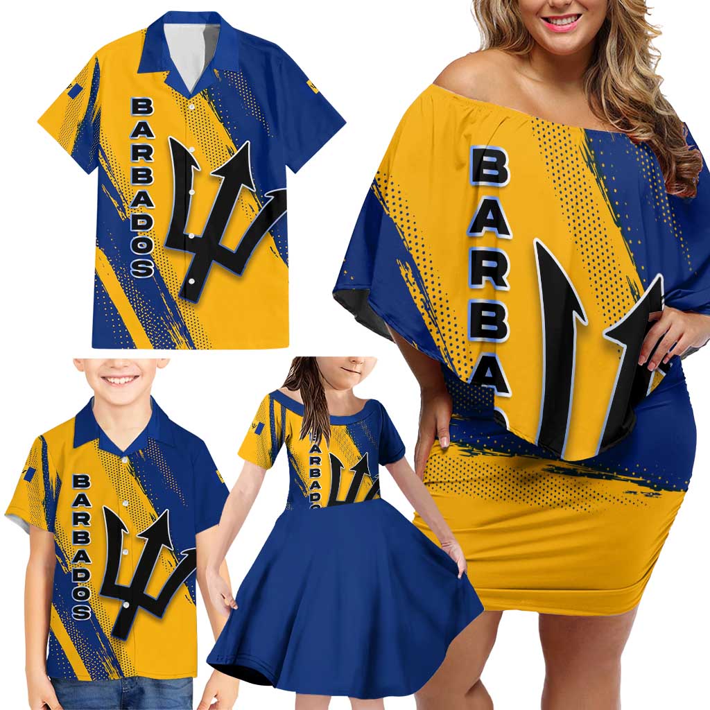 Barbados Trident and Coat of Arms Family Matching Off Shoulder Short Dress and Hawaiian Shirt with Blue Yellow Patriotic Graphic - Wonder Print Shop