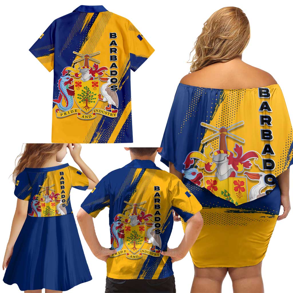 Barbados Trident and Coat of Arms Family Matching Off Shoulder Short Dress and Hawaiian Shirt with Blue Yellow Patriotic Graphic - Wonder Print Shop