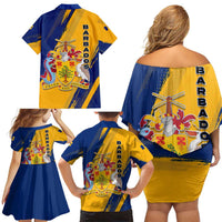 Barbados Trident and Coat of Arms Family Matching Off Shoulder Short Dress and Hawaiian Shirt with Blue Yellow Patriotic Graphic - Wonder Print Shop