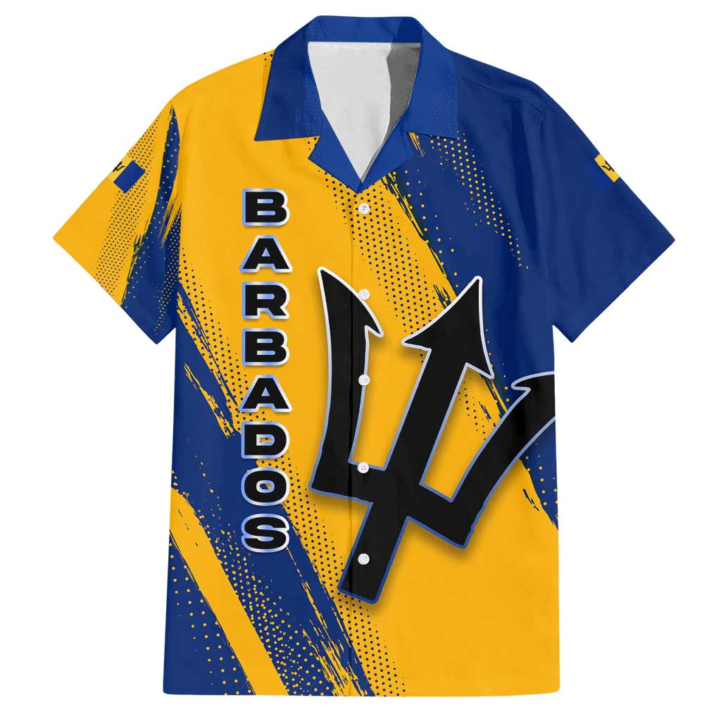 Barbados Trident and Coat of Arms Family Matching Off Shoulder Short Dress and Hawaiian Shirt with Blue Yellow Patriotic Graphic - Wonder Print Shop
