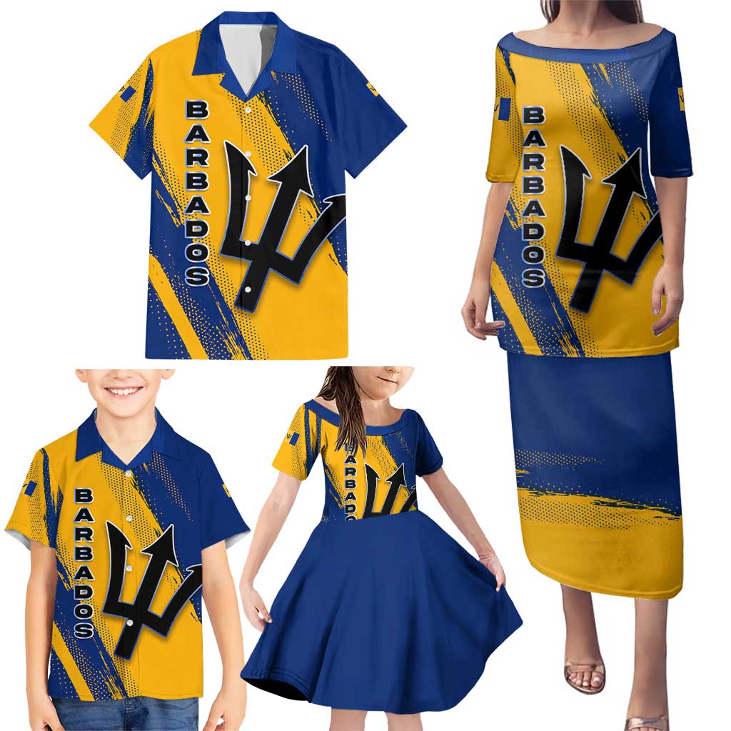 Barbados Trident and Coat of Arms Family Matching Puletasi and Hawaiian Shirt with Blue Yellow Patriotic Graphic - Wonder Print Shop
